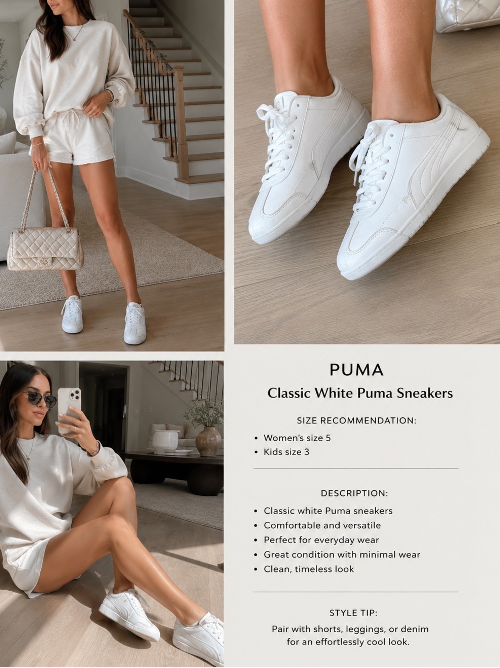Classic white Puma sneakers, size 5.